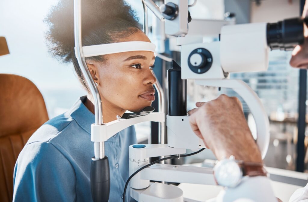 A patient undergoing an eye exam at a clinic in Brampton, ON.
