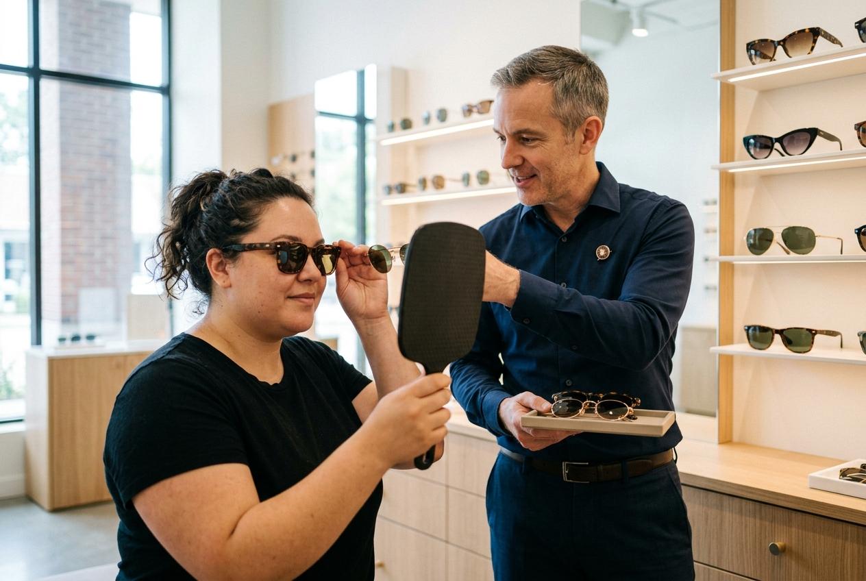 A woman tries on sunglasses while looking in a hand mirror held by a smiling male optician in an eyewear shop with frames on shelves behind them.