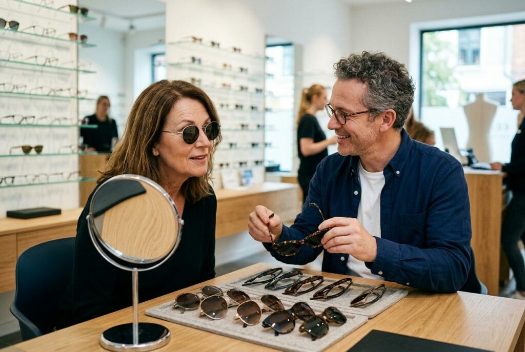Woman trying on sunglasses at an eyewear store counter while a smiling man holds another pair, with multiple frames displayed on a tray nearby.