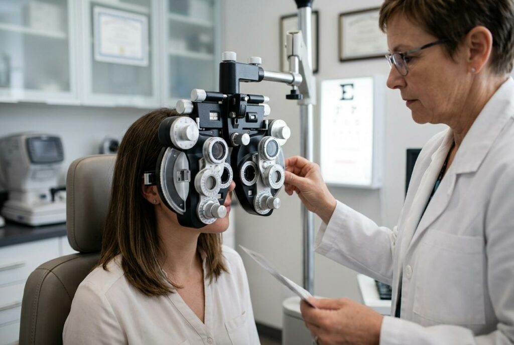 Optometrist adjusting a phoropter over a seated patient's eyes during an eye exam in a clinic.