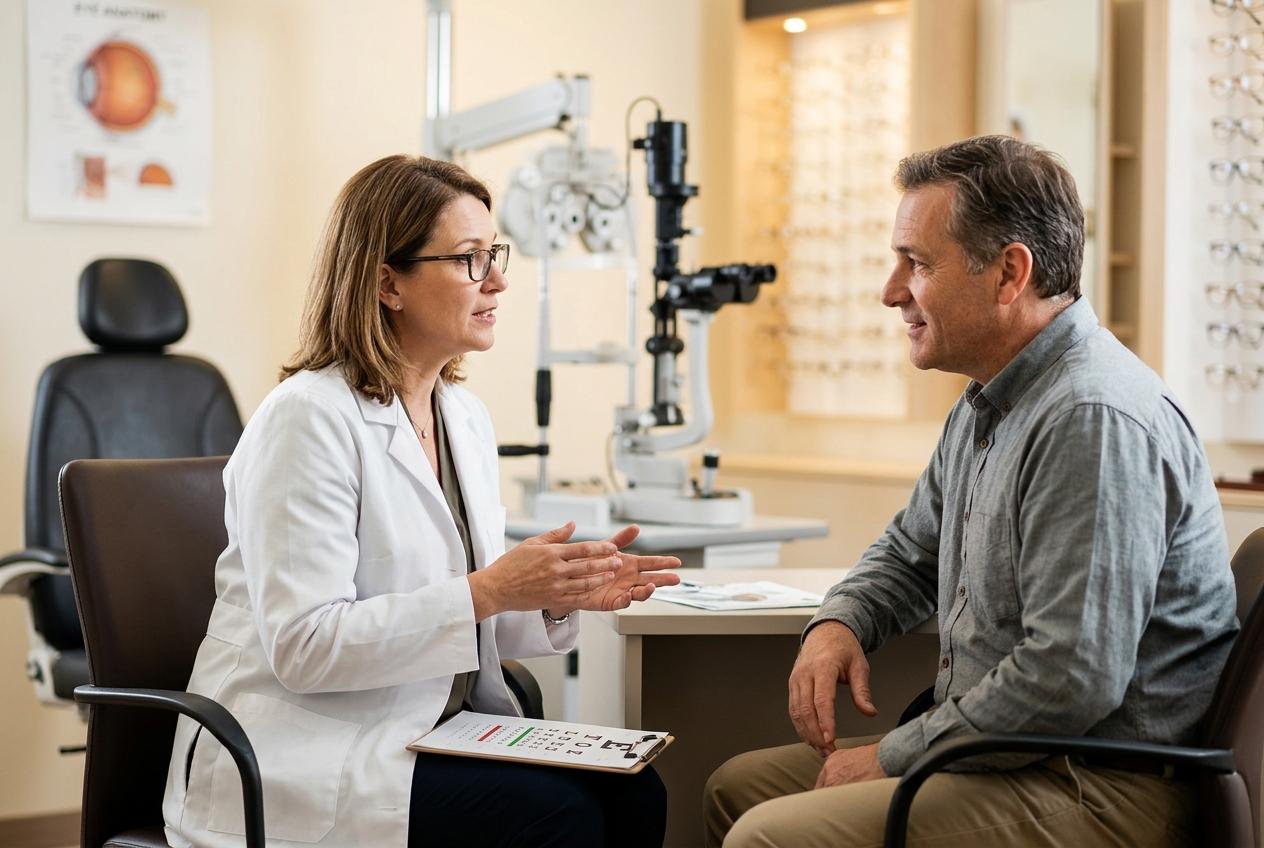 Optometrist talking with a male patient in an eye exam room, gesturing with her hands while he listens and smiles.