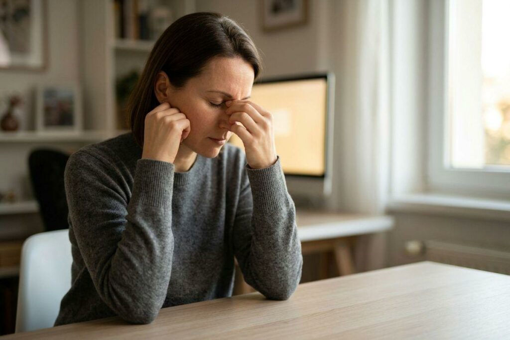 Adult in a grey sweater sits at a table indoors, eyes closed, pinching the bridge of the nose with both hands; a computer monitor is behind.