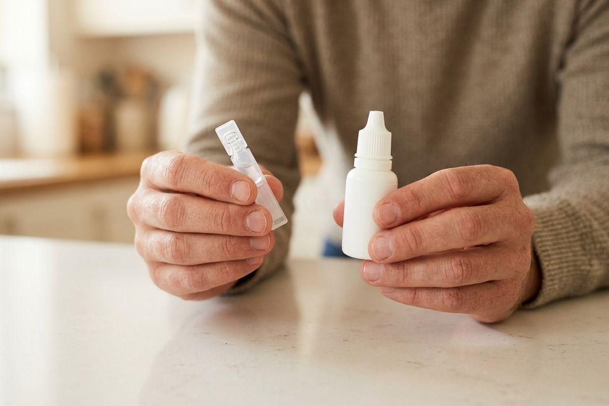 Close-up of an adult's hands at a table, holding a single-dose plastic vial and a white unlabelled dropper bottle.